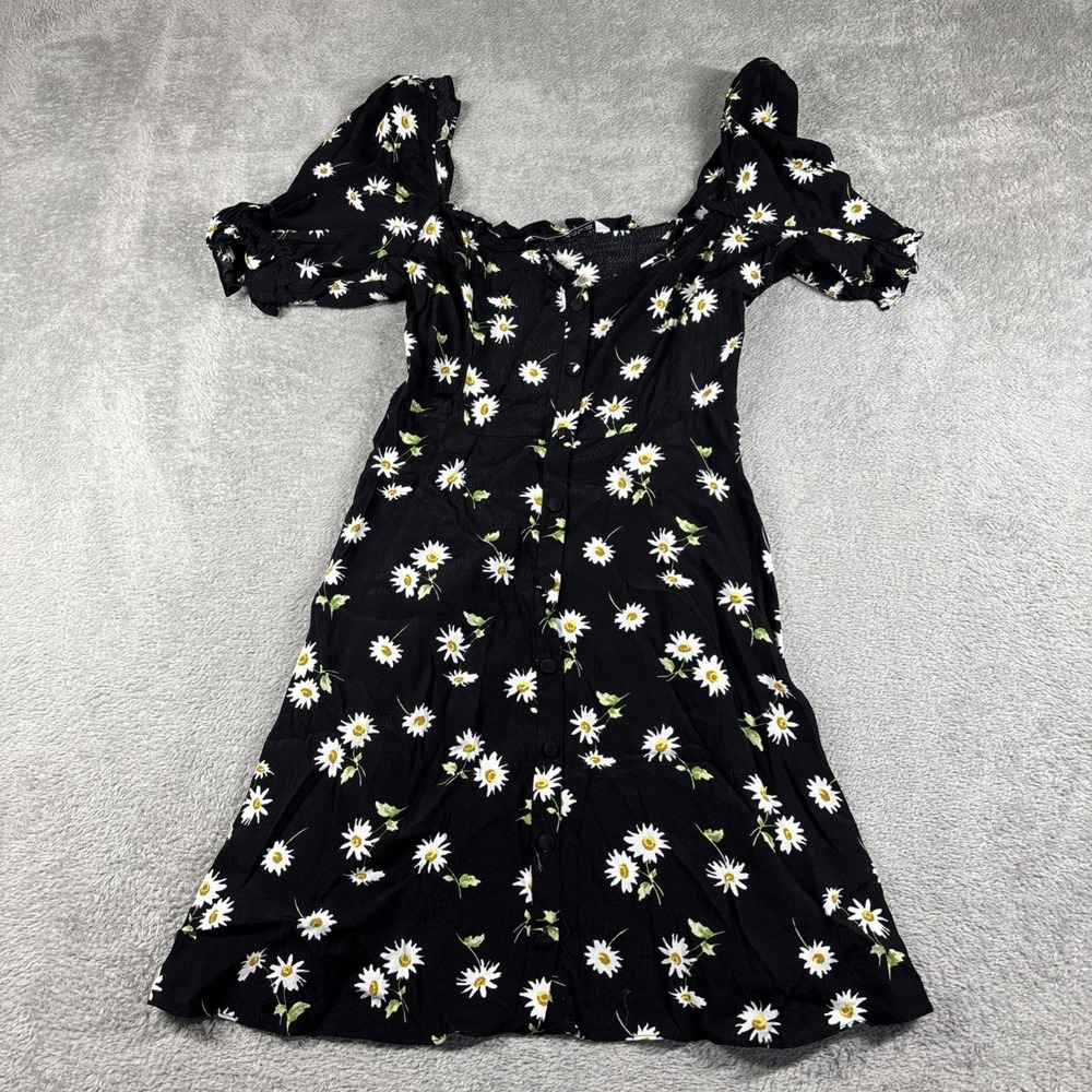 Zara Women's Daisy Shift Dress Black White Floral Short Sleeve Ruffle Sz XS